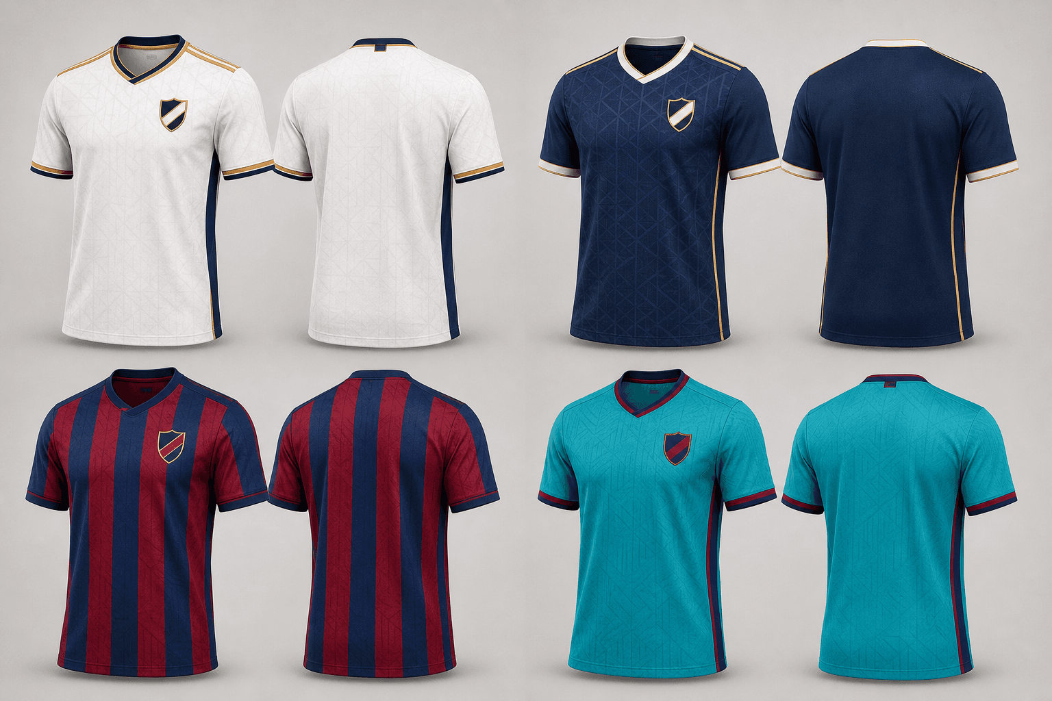 Cuatro conceptos referenciales de camisetas de fútbol en blanco, azul, granate y turquesa