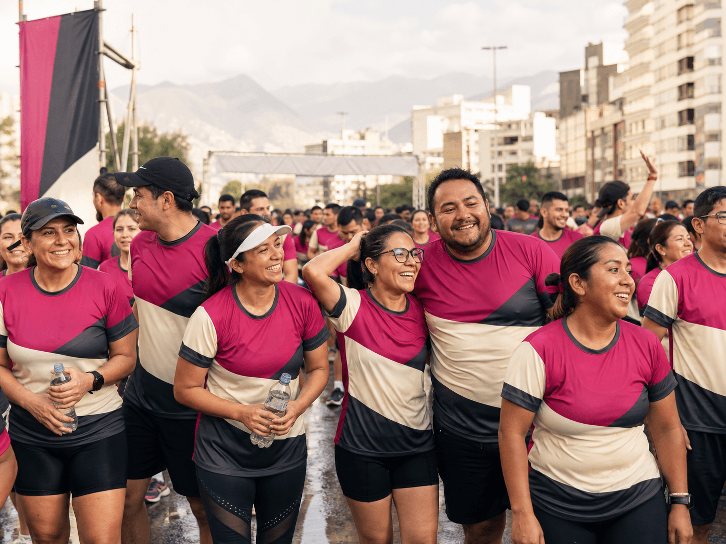 Participantes de un evento deportivo usando camisetas producidas por volumen