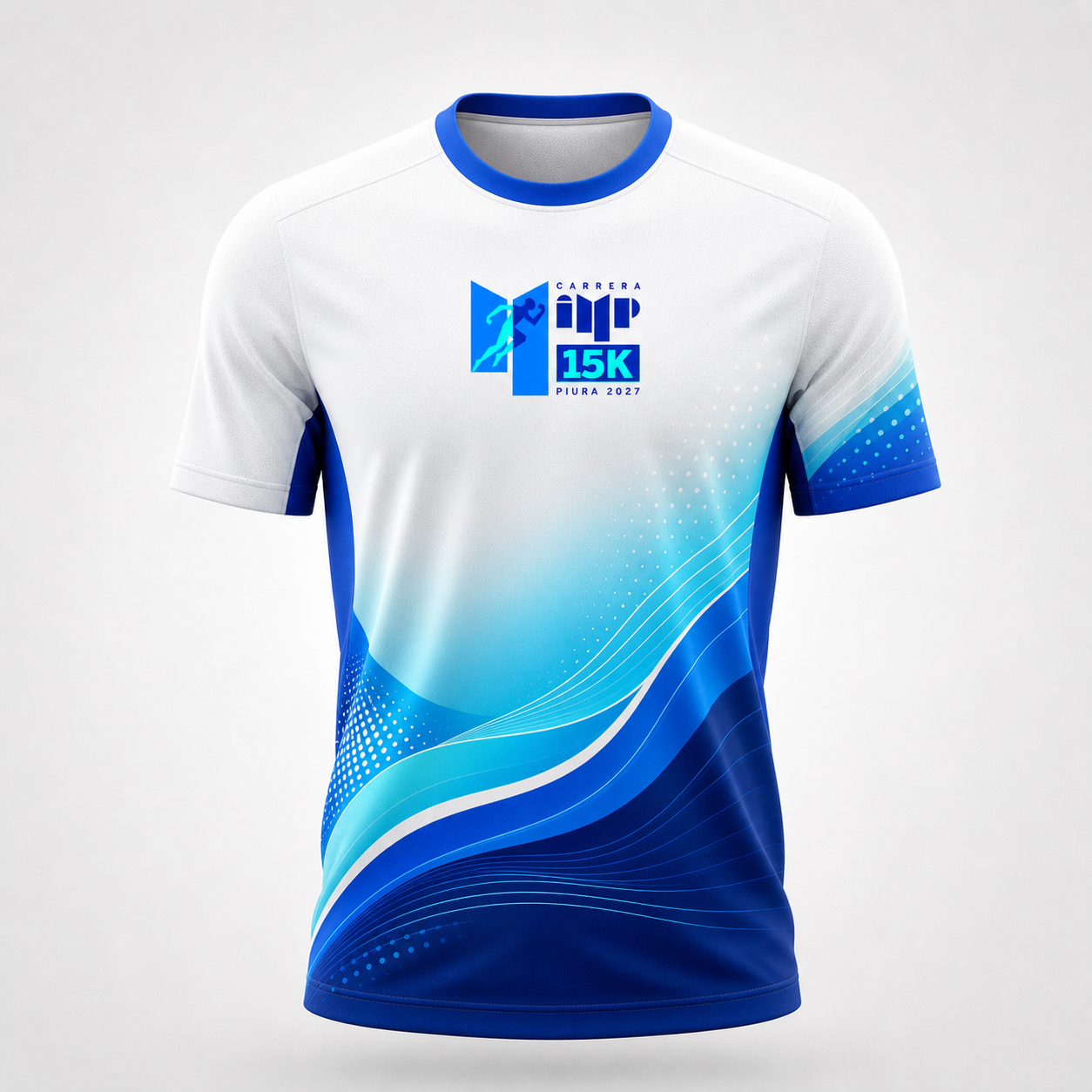 Camiseta sublimada azul y blanca diseñada para la carrera 15K Piura