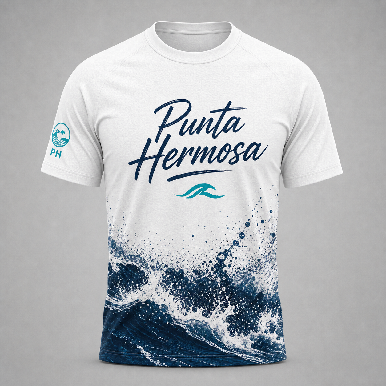 Camiseta blanca con diseño de olas desarrollada para Punta Hermosa