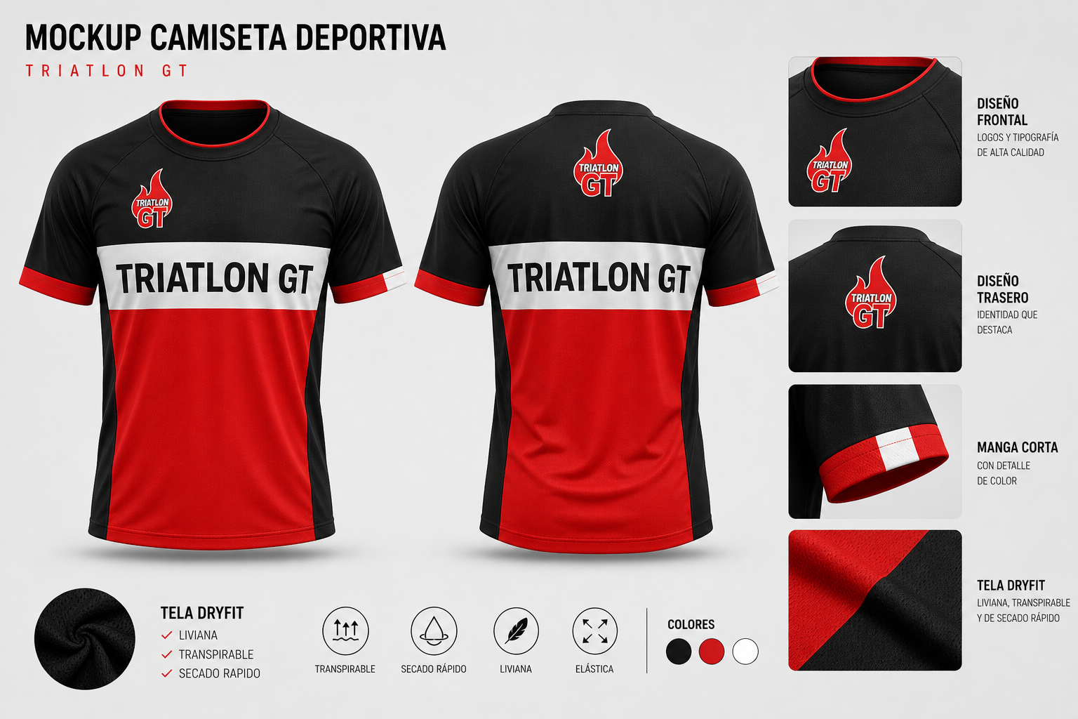 Mockup de camiseta deportiva roja y negra desarrollado para Triatlón GT